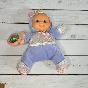 Fisher Price First Baby Doll Soft Body Pink Bow Rattle 2002 Purple Outfit